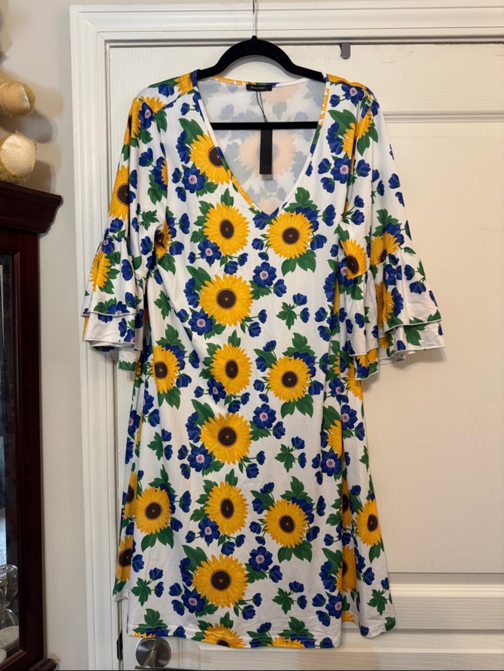 Sunflower V-Neck Mini Dress - White/Yellow
